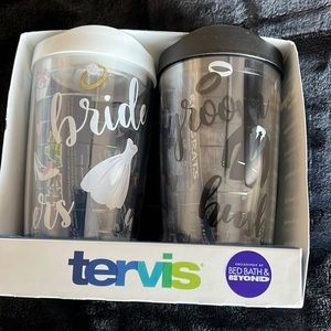 Tervis, bride and groom cheers 16 oz tumblers with lids.